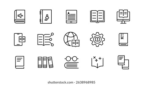 Book and reading linear icon set. knowledge, library, dictionary, ebook, school, paper, success, achievement, thinking, light bulb, genius idea outline vector icon set. UI thin line icon pack.