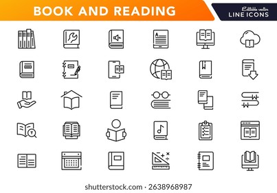 Book and reading linear icon set. knowledge, library, dictionary, ebook, school, paper, success, achievement, thinking, light bulb, genius idea outline vector icon set. UI thin line icon pack.