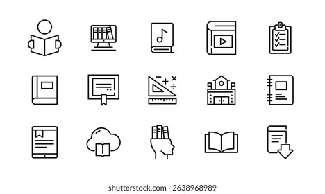 Book and reading linear icon set. knowledge, library, dictionary, ebook, school, paper, success, achievement, thinking, light bulb, genius idea outline vector icon set. UI thin line icon pack.