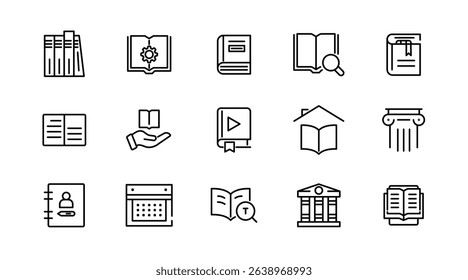 Book and reading linear icon set. knowledge, library, dictionary, ebook, school, paper, success, achievement, thinking, light bulb, genius idea outline vector icon set. UI thin line icon pack.