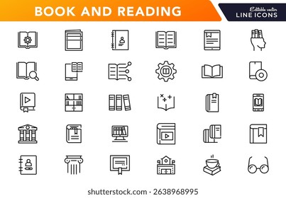 Book and reading linear icon set. knowledge, library, dictionary, ebook, school, paper, success, achievement, thinking, light bulb, genius idea outline vector icon set. UI thin line icon pack.