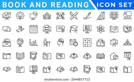 Book and reading linear icon set. knowledge, library, dictionary, ebook, school, paper, success, achievement, thinking, light bulb, genius idea outline vector icon set. UI thin line icon pack.