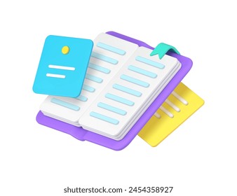 Book reading notes reminder educational information learning 3d icon realistic vector illustration. Library textbook dictionary tutorial guide encyclopedia academic literature studying knowledge exam