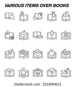 Book, reading, novel, education. Editable stroke. Vector line icon set with symbols of heart, diamond, cocktail and other elements next to opened book