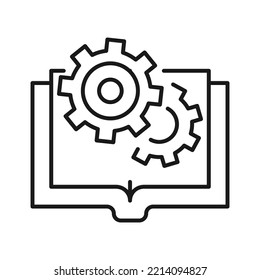 Book, reading, novel, education. Simple isolated pictogram for web sites, stores, articles, adverts. Editable stroke. Vector line icon of cogwheel over opened book 