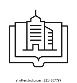 Book, reading, novel, education. Simple isolated pictogram for web sites, stores, articles, adverts. Editable stroke. Vector line icon of office center or skyscraper over opened book 