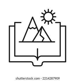 Book, reading, novel, education. Simple isolated pictogram for web sites, stores, articles, adverts. Editable stroke. Vector line icon of sun above mountains over opened book 