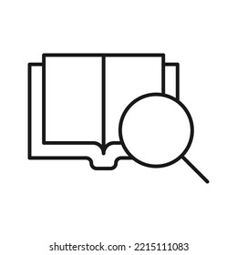 Book, reading, novel, education. Simple isolated pictogram for web sites, stores, articles, adverts. Editable stroke. Vector line icon of magnifying glass next opened book 