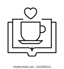 Libro, lectura, novela, educación. Pictograma aislado simple para sitios web, tiendas, artículos, anuncios. Trazo editable. Icono de línea de vector corazón sobre taza sobre libro abierto 