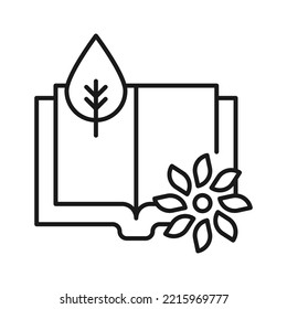 Book, reading, novel, education. Simple isolated pictogram for web sites, stores, articles, adverts. Editable stroke. Vector line icon of leaf and flower over opened book 