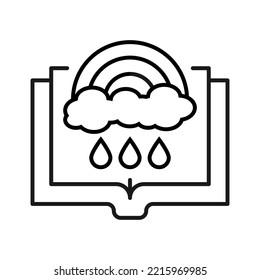 Book, reading, novel, education. Simple isolated pictogram for web sites, stores, articles, adverts. Editable stroke. Vector line icon of rain from rainbow over opened book 