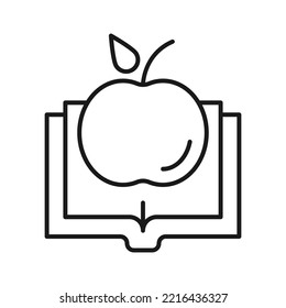 Libro, lectura, novela, educación. Pictograma aislado simple para sitios web, tiendas, artículos, anuncios. Trazo editable. Icono de línea vector de manzana sobre libro abierto 