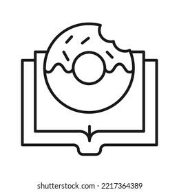 Buch, Lesen, Roman, Bildung. Einfaches isoliertes Piktogramm für Webseiten, Läden, Artikel, Werbung. Bearbeitbarer Strich. Vektorliniensymbol von Donuts über geöffnetes Buch 