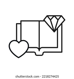 Libro, lectura, novela, educación. Pictograma aislado simple para sitios web, tiendas, artículos, anuncios. Trazo editable. Icono de línea de vector del corazón y diamante por libro abierto 