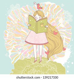 Book Reading Princess In Pastel Colors. Vector Card With Cute Girl Reading Fairy Book. Cartoon Summer Card