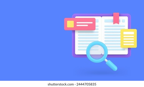 Book reading searching educational information banner copy space 3d icon realistic vector illustration. Library education learning textbook guide dictionary knowledge academic content studying