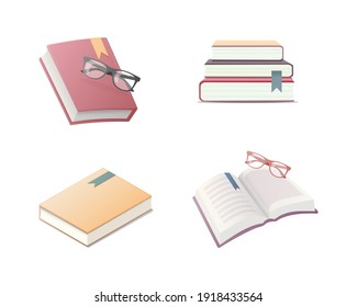 Book reading set. Colored vector illustrations. Isolated on white background.