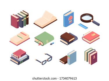 Book reading set. Encyclopedia and textbooks with accessories for easy reading in color cover, glasses, magnifier, font ruler, eraser, pencil and pen for notes, bookmarks on the page. Vector graphics.