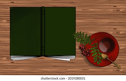 Tema de lectura de libros. Un libro, un rowan y una taza de té sobre una vieja mesa de madera. Dibujo estilizado de grabado de época. Ilustración del vector