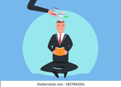 Concepto vectorial de libro de lectura: Empresario leyendo un libro mientras se sienta y llena su cabeza con libros y conocimiento