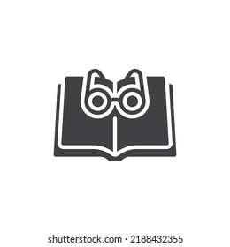 Book reading vector icon. filled flat sign for mobile concept and web design. Open book and glasses glyph icon. Symbol, logo illustration. Vector graphics
