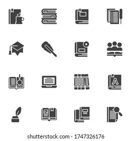 Book reading vector icons set, literature modern solid symbol collection, filled style pictogram pack. Signs, logo illustration. Set includes icons as book stack, education, dictionary, e-book, write