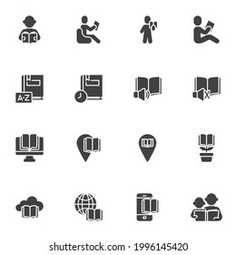 Book reading vector icons set, education modern solid symbol collection, filled style pictogram pack. Signs, logo illustration. Set includes icons as dictionary book, teaching, learning, bookstore pin