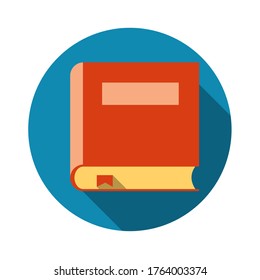 Book with a red cover and bookmark. Vector flat color icon with long shadow. Isolated on a white background.