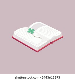 A book with a red cover is open, and inside the book is a four-leaf clover bookmark.