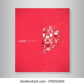 Book red icon heart Valentines day card with sign on icon love background 