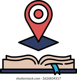 A book with a red marker on it. The marker is pointing to a location. The book is open to a page with a map on it