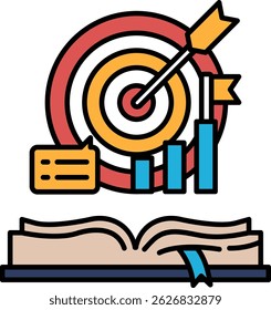 A book with a red and orange target on the cover. The target is surrounded by a circle and a line. The book is open to a page with a speech bubble and a chart. The chart has a line and a bar