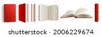 Book with red spine and cover 3d mockup, blank closed and open volume with hardcover and golden decorative elements. Bestseller publication, library or store novelty isolated realistic vector mock up