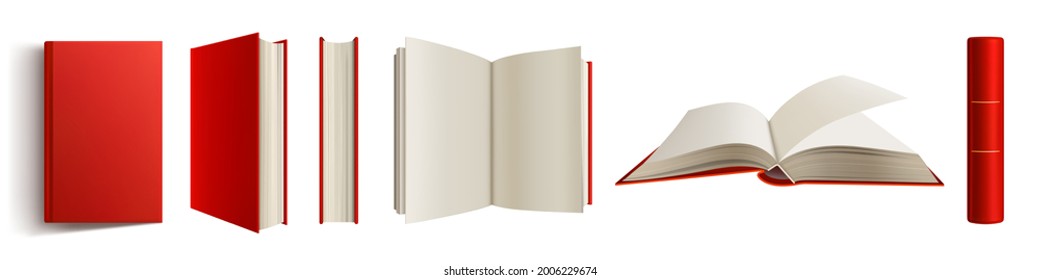 Book with red spine and cover 3d mockup, blank closed and open volume with hardcover and golden decorative elements. Bestseller publication, library or store novelty isolated realistic vector mock up - Shutterstock ID 2006229674