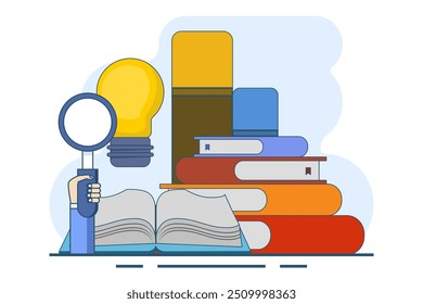 conceito de referência de livro, biblioteca, pilha de livros e lâmpada. literatura, design educacional, ideia, debate, educação e leitura. Ideias e inspiração. Símbolo ou ícone. ilustração de vetor.