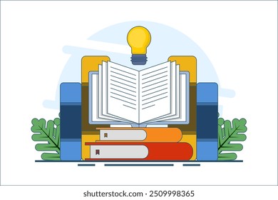 conceito de referência de livro, biblioteca, pilha de livros e lâmpada. literatura, design educacional, ideia, debate, educação e leitura. Ideias e inspiração. Símbolo ou ícone. ilustração de vetor.