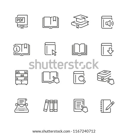 Book related icons: thin vector icon set, black and white kit