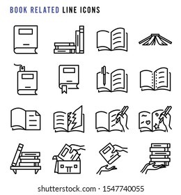 Book related line icons  Pixel perfect book related thin line icons  Set simple book related sign line icons  Cute cartoon line icons set  Vector illustration 