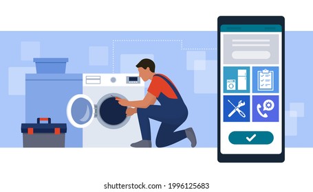 Reserva un reparador en línea: técnico profesional arreglando una lavadora en casa y smartphone con iconos de servicios