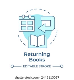 Book returning soft blue concept icon. Library materials return, circulation. User service. Round shape line illustration. Abstract idea. Graphic design. Easy to use in infographic, blog post