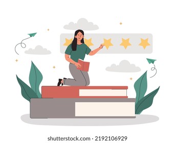 Book review concept. Young girl puts stars on literature she likes. User opinion, feedback, rating and ranking. Woman loves to read. Online library metaphor. Cartoon flat vector illustration