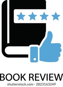 Book review graphic element showing rating stars and thumbs up gesture for library feedback or literature critique.