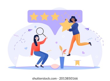 Book review. Reading feedback concept. Literature professional analysis for quality rating assessment and appraisal. Choice report scene with opinion publication. Flat cartoon vector illustrations