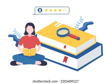 Book Review Template Hand Drawn Cartoon Flat Illustration with Reader Feedback for Analysis, Rating, Satisfaction and Comments About Publications