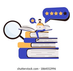 Book review vector illustration. Reading feedback flat tiny persons concept. Literature professional analysis for quality rating assessment and appraisal. Choice report scene with opinion publication.