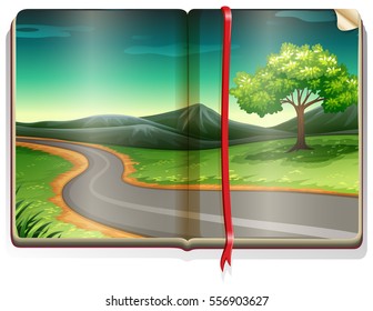 Book with road scene along the countryside illustration