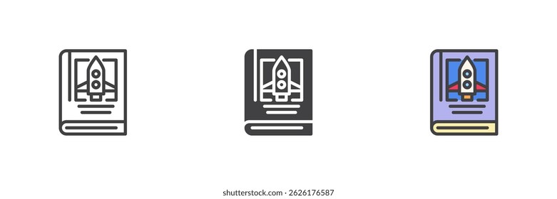 Book with a rocket different style icon set. Line, glyph and filled outline colorful version, outline and filled vector sign. Space book symbol, logo illustration. Vector graphics