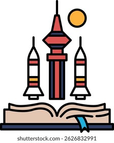 A book with a rocket on the cover. The rocket is in the middle of the book and is surrounded by three other rockets. The book is open to a page with a sun in the background