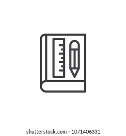 Book with ruler and pencil outline icon. linear style sign for mobile concept and web design. Geometry simple line vector icon. Symbol, logo illustration. Pixel perfect vector graphics