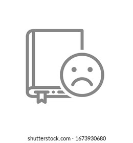 Book with sad face line icon. Bad literature review, negative feedback symbol